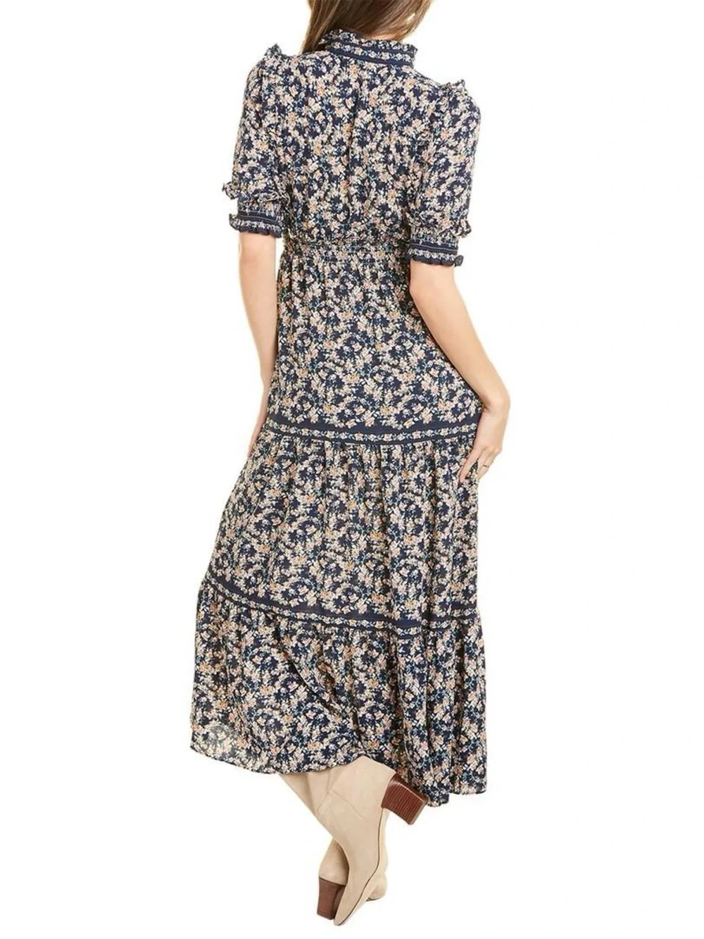 Max‎ Studio Navy Floral Smocked Split Neck Maxi Dress